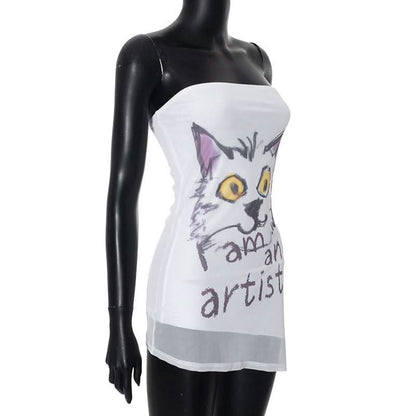 Mesh irregular cat letter print tube backless top