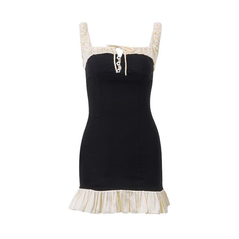 Off Shoulder Contrast Ruffle Trim Daisy Button Bodycon Mini Dress
