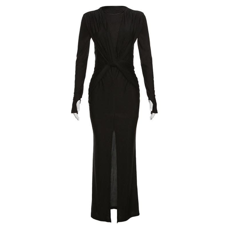 Knotted slit solid long sleeve ruched maxi dress-final-sale