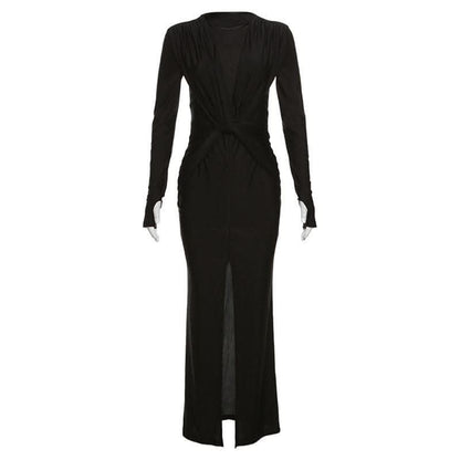 Knotted slit solid long sleeve ruched maxi dress-final-sale