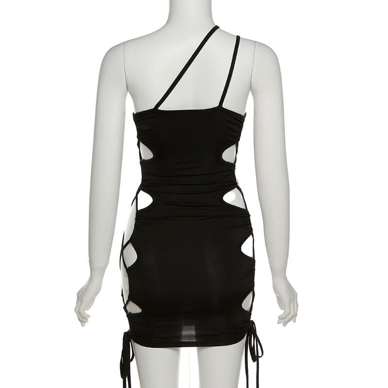 One Shoulder Asymmetric Strap Oval Side Cutout Lace Up Drawstring Mini Dress