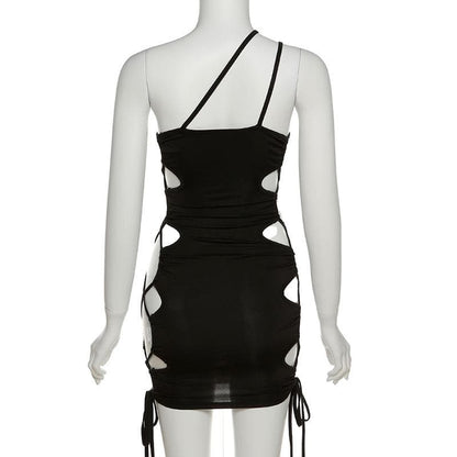 One Shoulder Asymmetric Strap Oval Side Cutout Lace Up Drawstring Mini Dress