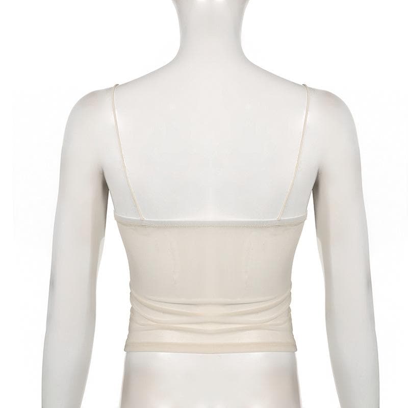 Ruched ruffle sheer mesh cami top
