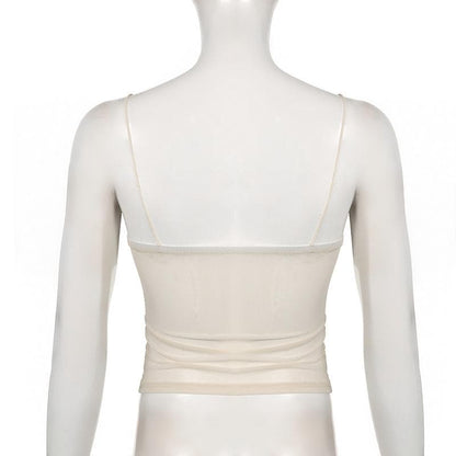 Ruched ruffle sheer mesh cami top