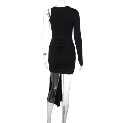 One shoulder long sleeve ruched mini dress