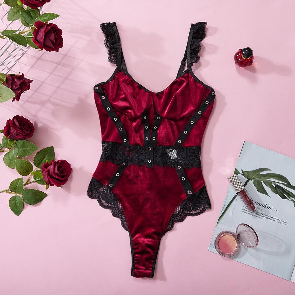 Velvet v neck lace button cami bodysuit