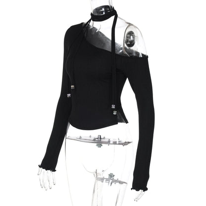 Halter one shoulder long sleeve beaded solid top