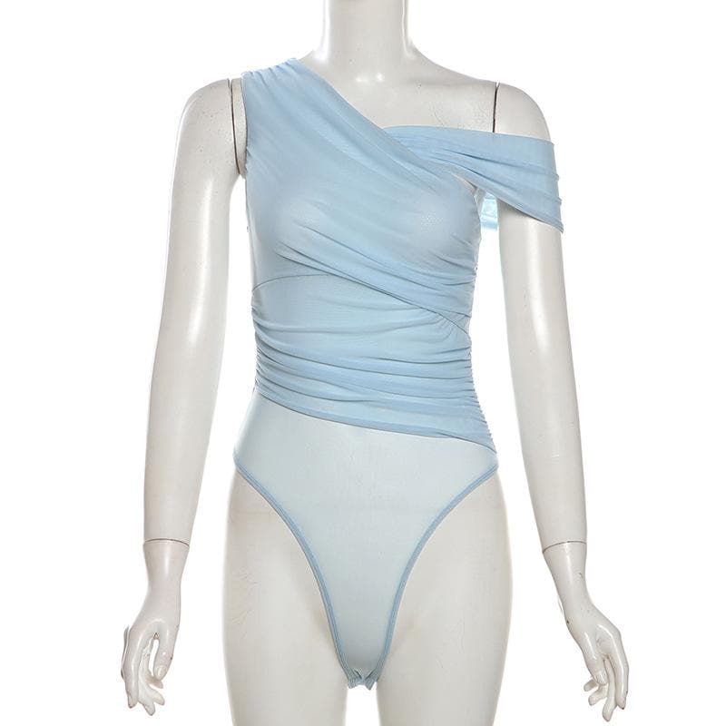 One shoulder ruched sheer mesh bodysuit