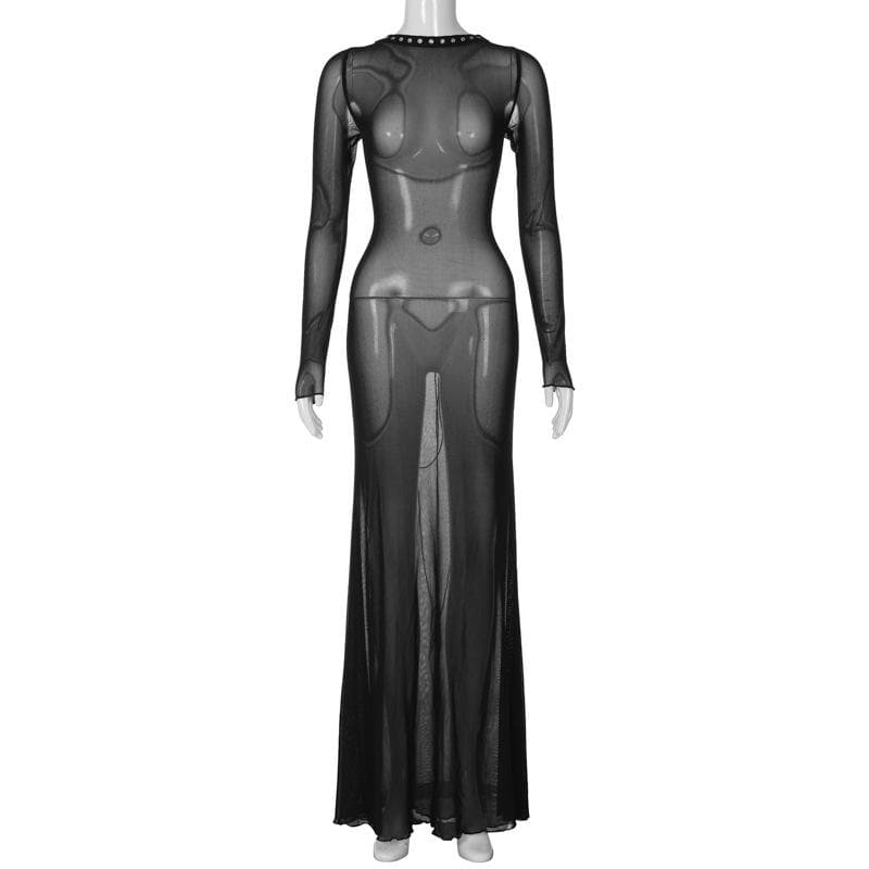 Studded Crew Neck Body Print Sheer Mesh Long Sleeve Maxi Dress