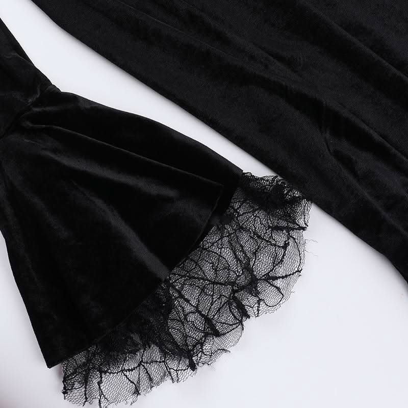 Long flared sleeve velvet patchwork spider web maxi dress