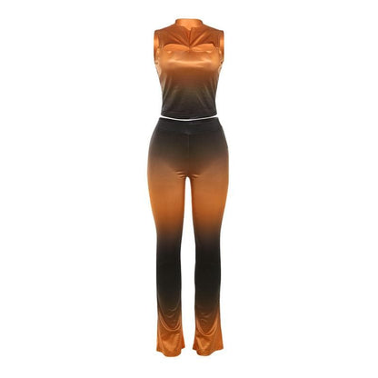 Sleeveless gradient crewneck ruched hollow out pant set