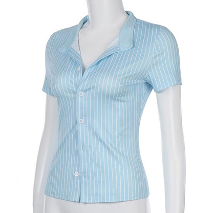 Turnover collar short sleeve striped print button top