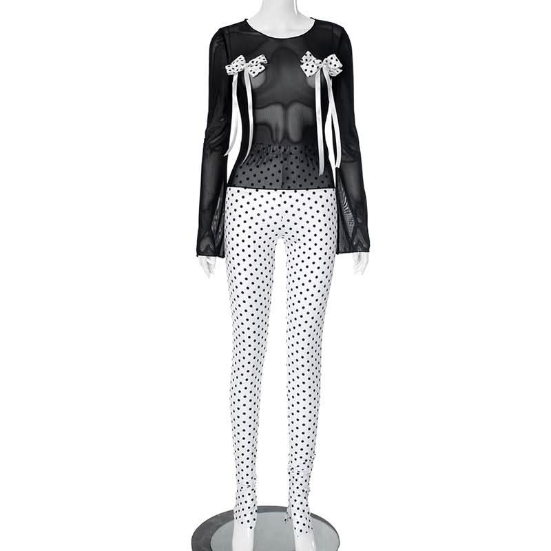 Long sleeve polka dot bowknot mesh crewneck pant set