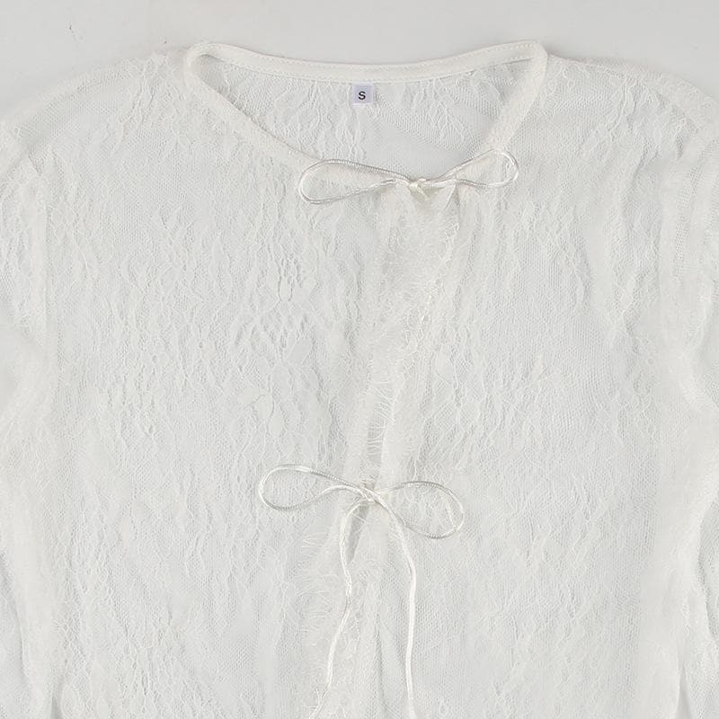 Long sleeve lace see through self tie top