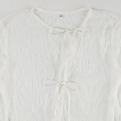 Long sleeve lace see through self tie top