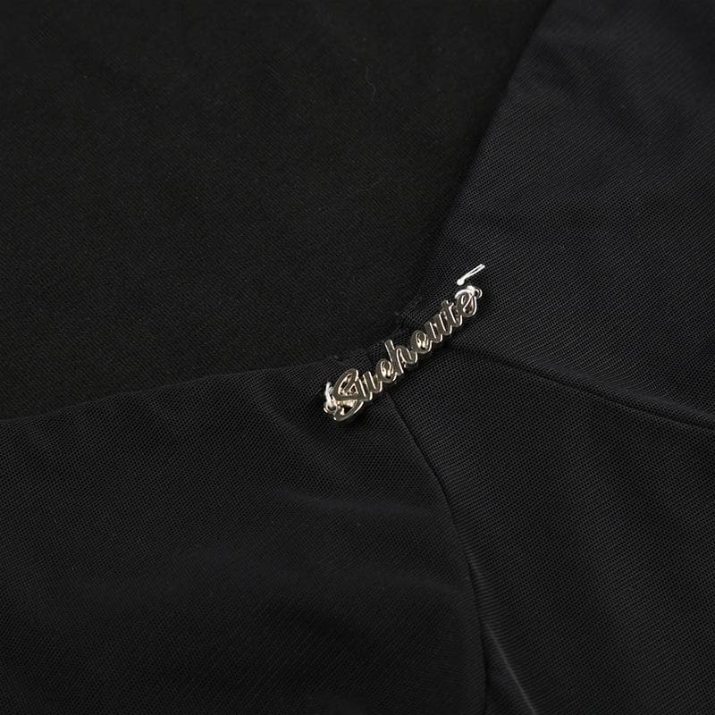 Mesh ruffle v neck metal tag bodysuit