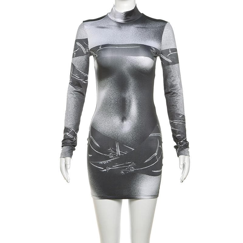 Long sleeve body print high neck mini dress