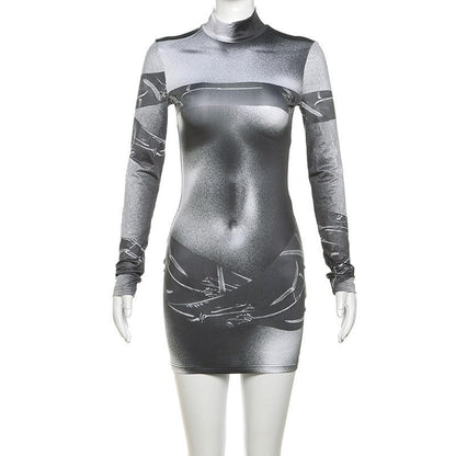 Long sleeve body print high neck mini dress