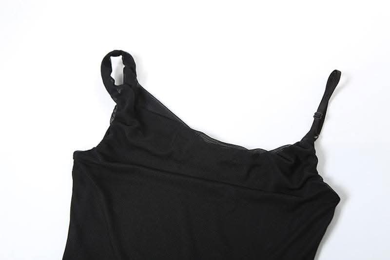 Cowl neck mesh ruffle slit irregular solid cami maxi dress-final-sale