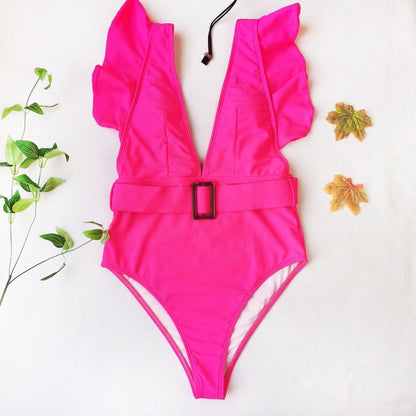 V neck ruffled one piece swimwear