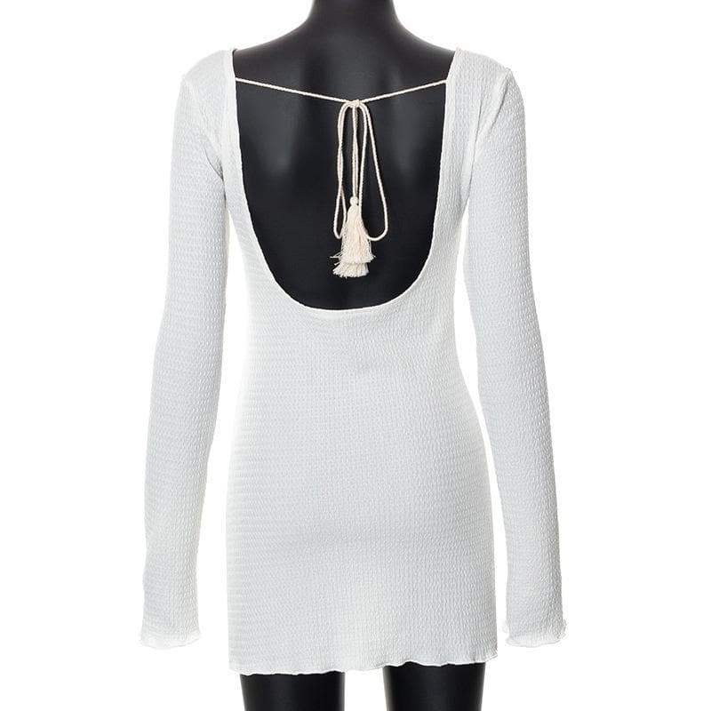Boat Neck Long Sleeve Crinkled Texture Self Tie Backless Mini Dress