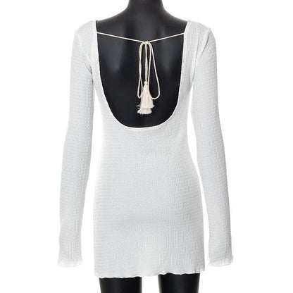 Boat Neck Long Sleeve Crinkled Texture Self Tie Backless Mini Dress