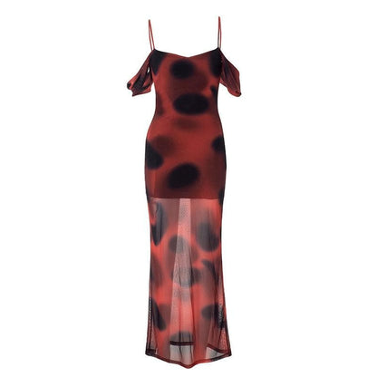 Off Shoulder Spaghetti Strap Blurred Dot Print Sheer Mesh Maxi Dress