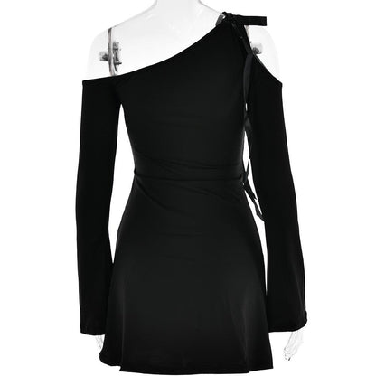 Self tie irregular one shoulder long sleeve solid mini dress