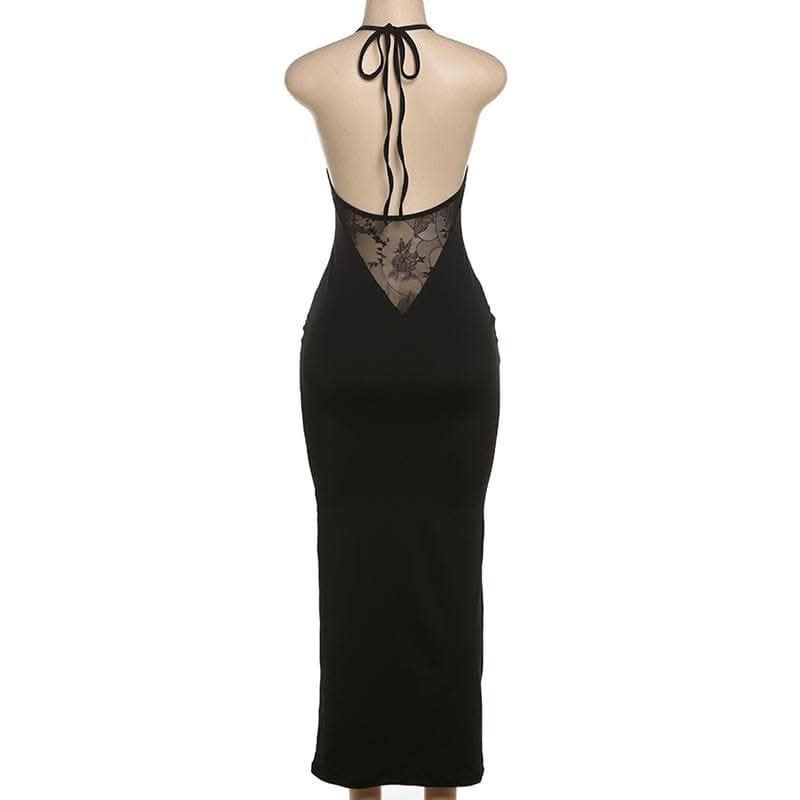 Halter v neck lace hem hollow out cut out maxi dress-final-sale