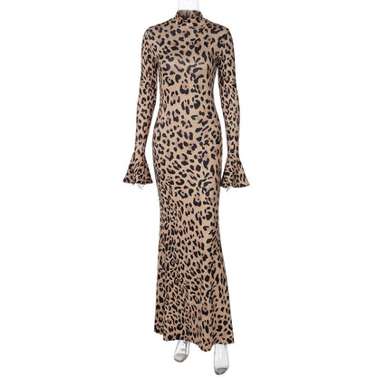 Long flared sleeve leopard print high neck maxi dress