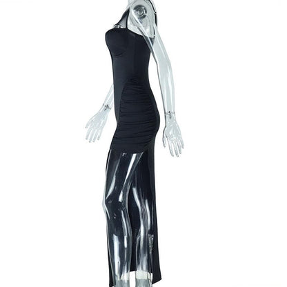 Irregular high slit ruched mesh hollow out cami cut out maxi dress