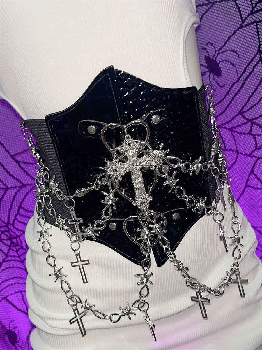 PU leather metal chain cross applique waist chain