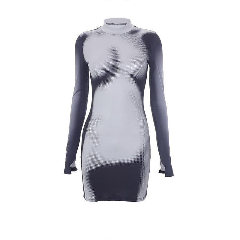 Mock Neck Long Sleeve Body Print Trompe Loeil Bodycon Mini Dress