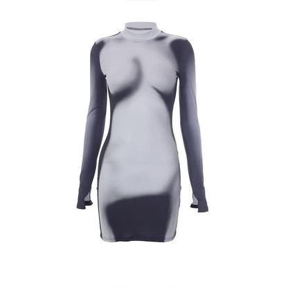 Mock Neck Long Sleeve Body Print Trompe Loeil Bodycon Mini Dress