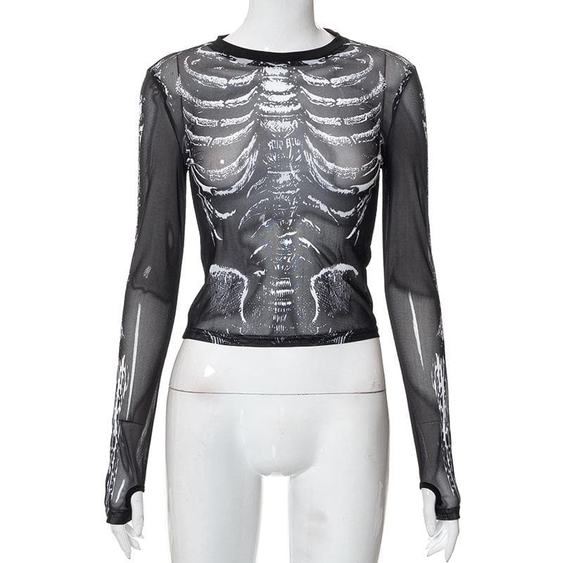 Sheer mesh contrast print see through gloves long sleeve top