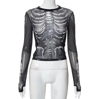 Sheer mesh contrast print see through gloves long sleeve top