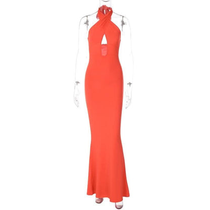 Cross front solid hollow out halter backless 2-way cut out maxi dress-final-sale