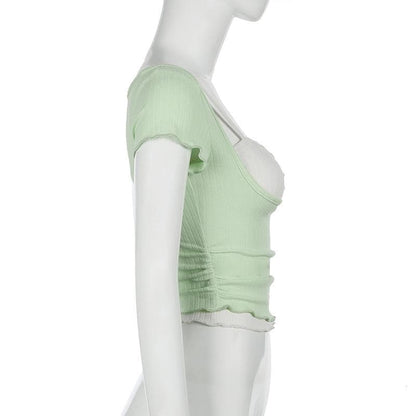 Short sleeve patchwork ruched ruffle top