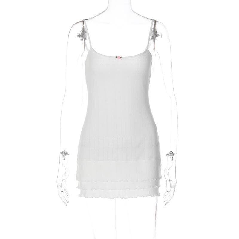Pointelle Rib Knit Spaghetti Strap Rosebud Applique Tiered Ruffle Mini Dress