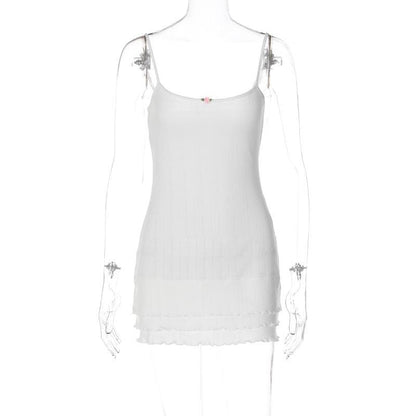 Pointelle Rib Knit Spaghetti Strap Rosebud Applique Tiered Ruffle Mini Dress