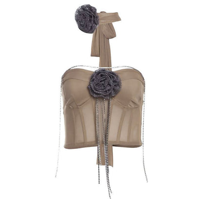 Beaded metal chain flower applique mesh tube top