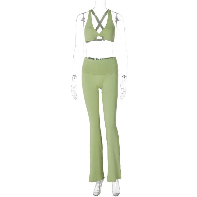 Halter v neck ruched crop cross back pant set