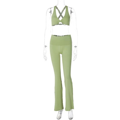 Halter v neck ruched crop cross back pant set