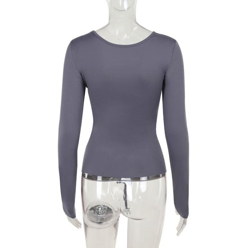Long sleeve hollow out v neck self tie solid cut out top