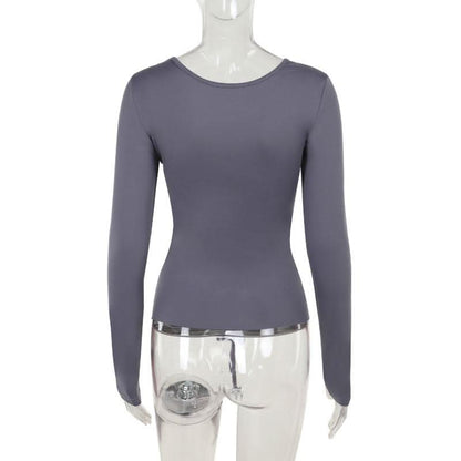 Long sleeve hollow out v neck self tie solid cut out top