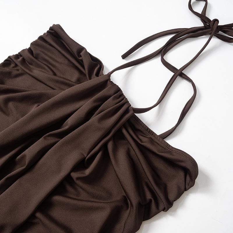 Halter backless ruched solid mini dress