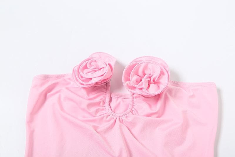 Notch neck flower applique ruched tube maxi dress