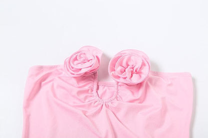 Notch neck flower applique ruched tube maxi dress