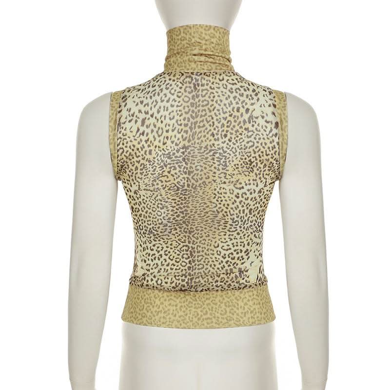 High neck leopard print mesh sleeveless top