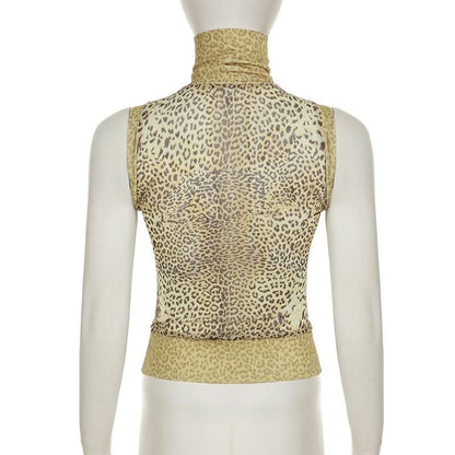 High neck leopard print mesh sleeveless top